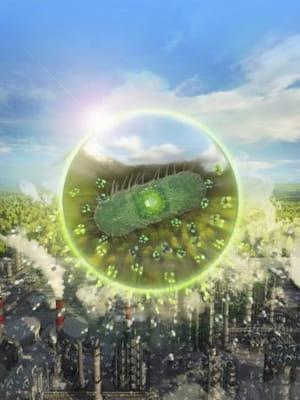 a green bacteria in a circle surrounded by smokestacks