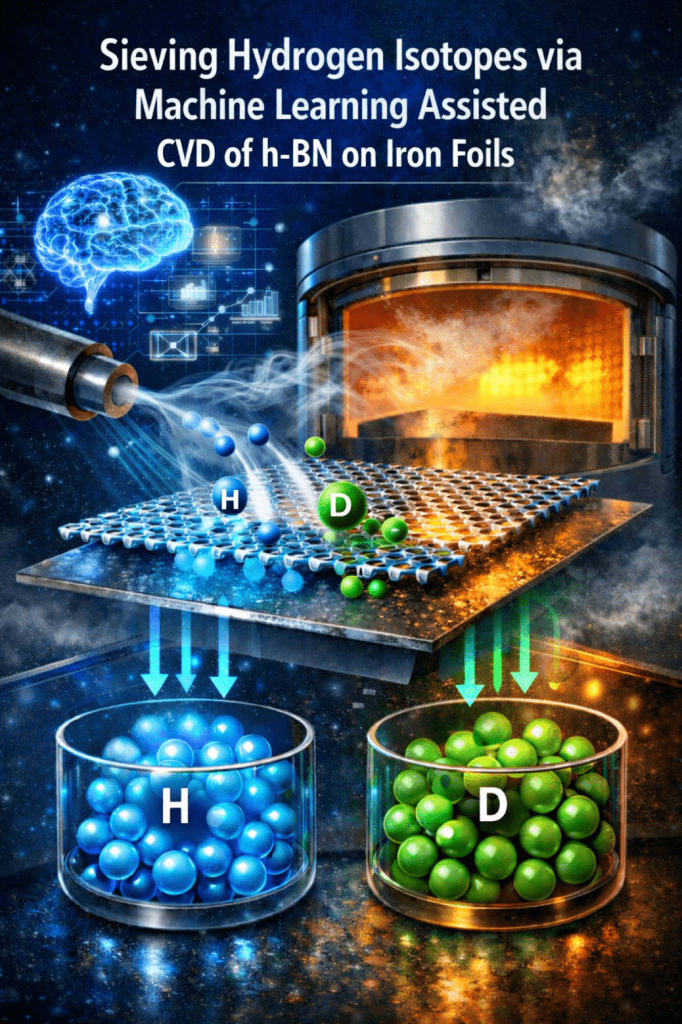 An atomically thin layer of a honeycomb-like filter which enables sub-atomic separations of isotopes of hydrogen, protons (H) and deuterons (D).