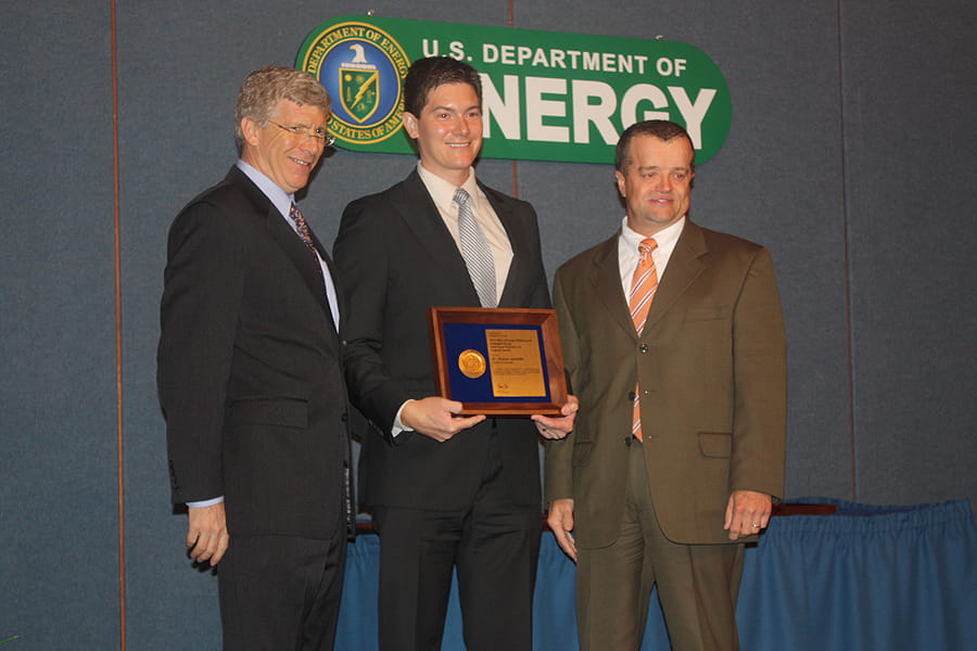 PECASE awardee Dr. Thomas Jaramillo with Deputy Secretary of Energy Daniel B. Poneman and Steve Chalk, Deputy Assistant Secretary for Renewable Energy in the Office of Energy Efficiency and Renewable Energy