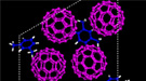 Simulated structures showing the starting material of carbon-60 “buckyballs” (magenta) and m-xylene solvent (blue) before being compressed.