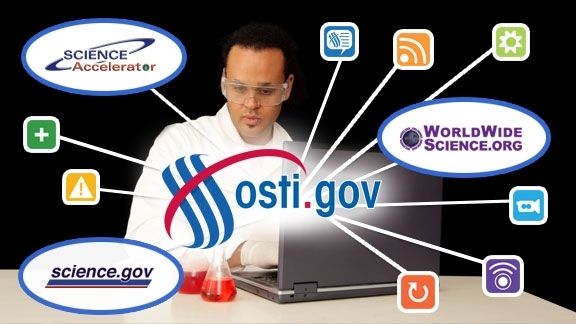 Scientist on a laptop surrounded by word bubbles (Science Accelerator, science.gov, worldwidescience.org) and various colored web icons (such as rss feed and refresh).