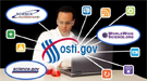 Scientist on a laptop surrounded by word bubbles (Science Accelerator, science.gov, worldwidescience.org) and various colored web icons (such as rss feed and refresh).