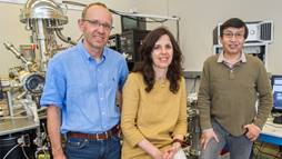 A photo of three scientists infront of a Center for Functional Nanomaterials instrument.