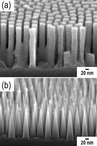 Side view scanning electron microscope image of a silicon surface textured with (a) cylindrical pillars and (b) nanocones.