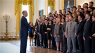 President Barack Obama talks with the Presidential Early Career Award for Scientists and Engineers (PECASE) recipients.