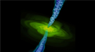 A computer simulation of gas (in yellow) falling into a black hole (too small to be seen). Twin jets are also shown with magnetic field lines.