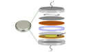 The components in a lithium-ion coin-cell battery that includes ultrathin sheets of nickel oxide as an electrode component.