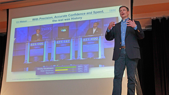 Dr. Eric Brown gives a talk on the computing system Watson and its application in healthcare during the Science Day Program at the 2016 National Science Bowl competition