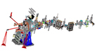 This computerized rendering shows the layout of the HiRES ultrafast electron diffraction beamline, which is located in the domed Advanced Light Source building at Berkeley Lab. At left (on blue base) is APEX, the electron source for HiRES.