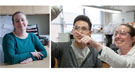 (L), GLBRC researcher and UW–Madison associate professor of chemical and biological engineering, Jennifer Reed, in her office on the UW campus, and (R) working with a team member in her lab. 