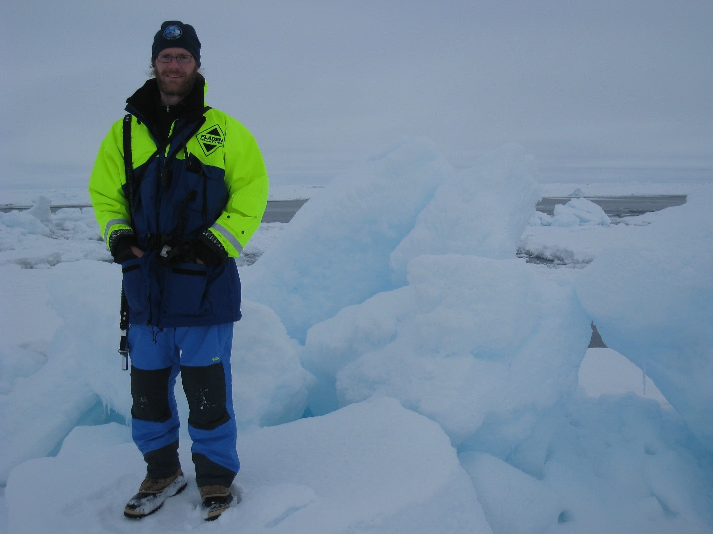 Matthew Shupe stands on sea ice in the central Arctic Ocean in 2008 during the Sweden-led Arctic Summer Cloud Ocean Study (ASCOS), designed to study the formation and life cycle of low-level arctic clouds. Photo is courtesy of Shupe.