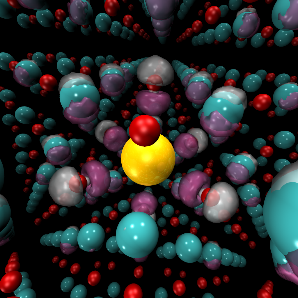 Nickel ions (blue) and oxygen ions (red) surround a dopant ion of potassium (yellow).