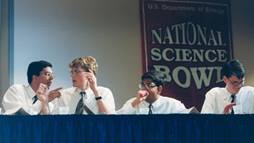 Members of the 1999 National Science Bowl® championship team were (L to R): Kaushik Roy, Andrew Mills, Manish Gala, Jason Rubenstein, and (not pictured) Jacob Paul, from Montgomery Blair High School, Silver Spring, MD. 
