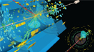 This event display from ATLAS shows a proton-proton collision inside the Large Hadron Collider that has characteristics of a Higgs decaying into two bottom quarks. 