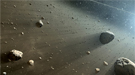 Artist’s rendering of asteroids and space dust.