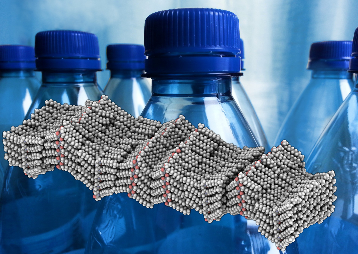 Rendering of the molecular structure of a peptoid polymer that was studied by a team led by Berkeley Lab and UC Berkeley. The team's success in imaging the atomic-scale structure of polymers could help inform the designs of plastics, like those in the water bottles shown here. (Credit: Berkeley Lab, Charles Rondeau/PublicDomainPictures.net)