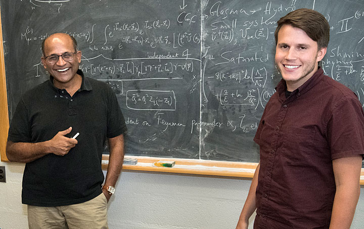 Raju Venugopalan and Mark Mace, two members of a collaboration that maintains quantum mechanical interactions among gluons are the dominant factor creating particle flow patterns observed in collisions of small projectiles with gold nuclei at the Relativistic Heavy Ion Collider (RHIC).
