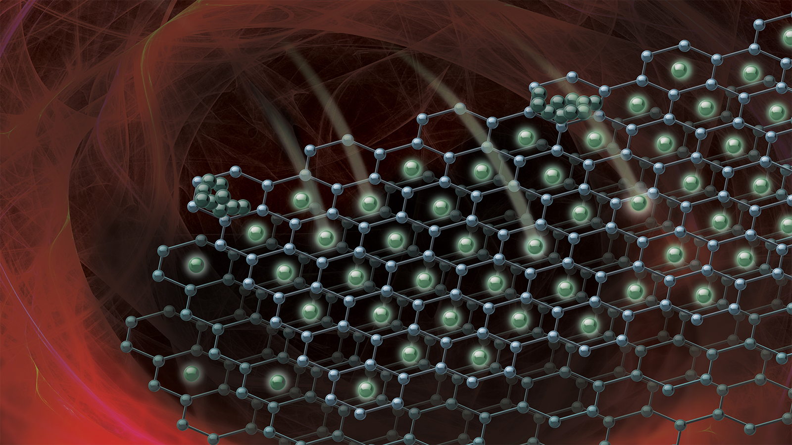 As lithium ions travel quickly between the electrodes of a battery, they can form inactive layers of lithium metal in a process called lithium plating. This image shows the beginning of the plating process on the graphene anode of a lithium-ion battery. (Image courtesy of Robert Horn/Argonne National Laboratory.)