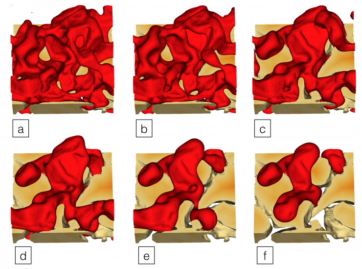 Simulations of different geometric states of fluid (red) in rock (tan). Using Titan, researchers validated a geometric model for characterizing fluid flow in porous rock and geologic materials from theory. Image courtesy of James McClure