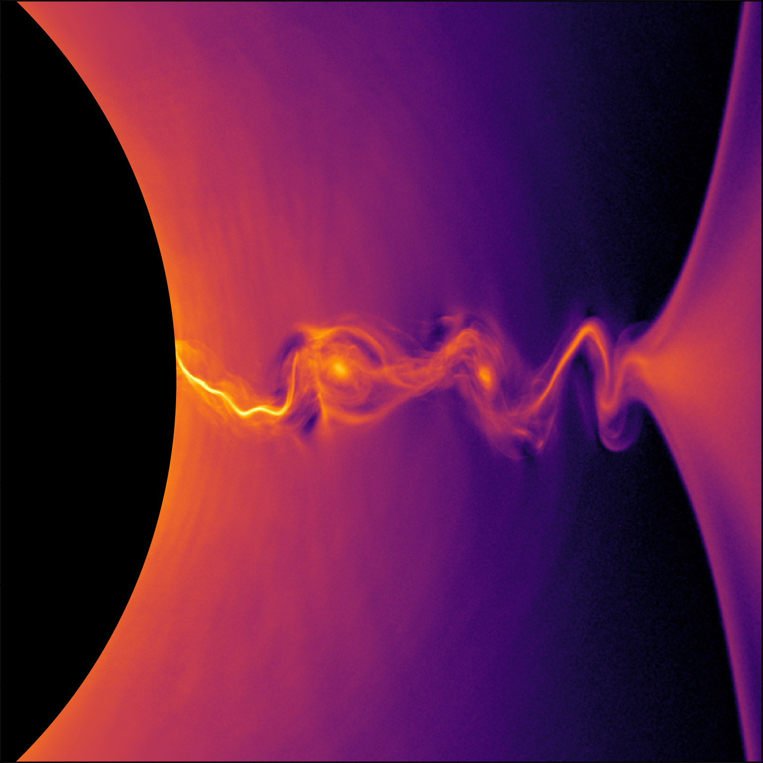 This visualization of a general-relativistic collisionless plasma simulation shows the density of positrons near the event horizon of a rotating black hole. Plasma instabilities produce island-like structures in the region of intense electric current. (Credit: Kyle Parfrey et al./Berkeley Lab)