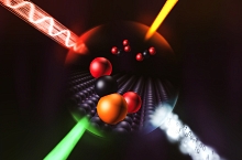  Scientists used a combination of four techniques, represented here by four incoming beams, to reveal in unprecedented detail how a single atom of iridium catalyzes a chemical reaction. (Greg Stewart/SLAC National Accelerator Laboratory)