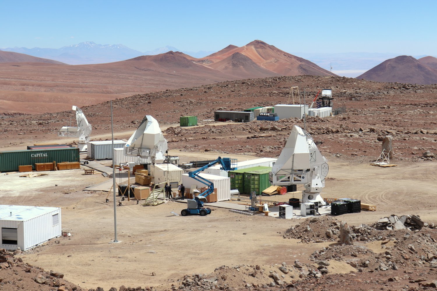 Crews work at the site of the POLARBEAR-2/Simons Array experiments in Chile. There are plans to combine data at this site with data collected near the South Pole for a next-generation cosmic microwave background experiment known as CMB-S4. (Credit: POLARBEAR Collaboration)
