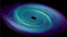 Simulated accretion disk swirling around a celestial body. 