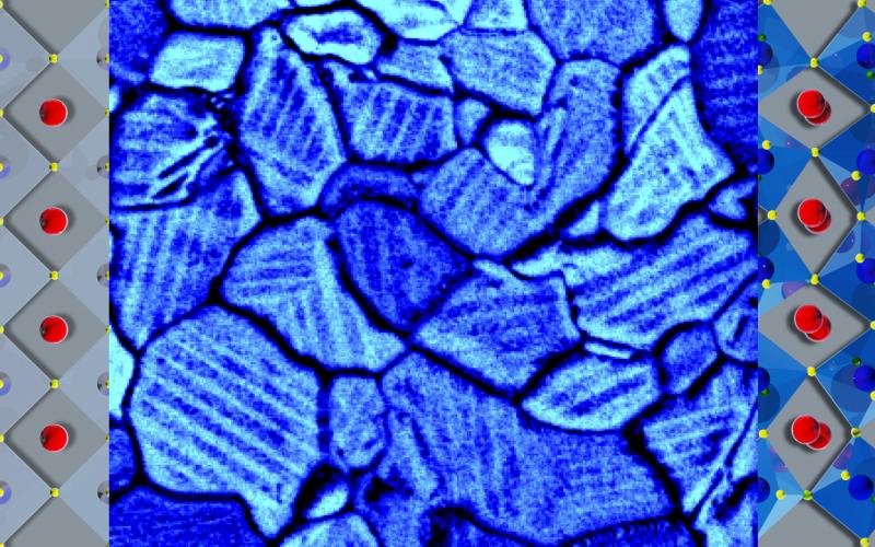  In a thin film of a solar-energy material, molecules in twin domains (modeled in left and right panels) align in opposing orientations within grain boundaries (shown by scanning electron microscopy in the center panel). 
