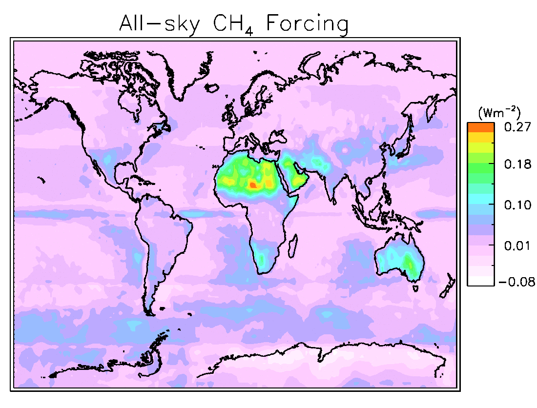 This simulation, showing the monthly-mean total solar absorption by methane from 2006 to 2010, indicates large regional variability in the gas’ power to absorb incoming energy from the sun. Note the activity over the Sahara Desert, Arabian Peninsula, and portions of Australia – all places where bright, exposed surfaces reflect light upwards to make methane’s absorptive properties up to 10 times stronger than elsewhere on Earth. (Credit: Berkeley Lab)