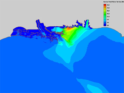 Overview simulation showing elevated storm surges along the Gulf Coast.