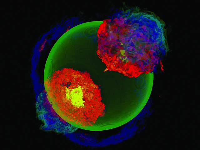 Shown is a 3D, whole-star simulation of the GCD model of a Type Ia supernova at the moment at which a detonation wave begins to sweep through the white dwarf star, incinerating it.