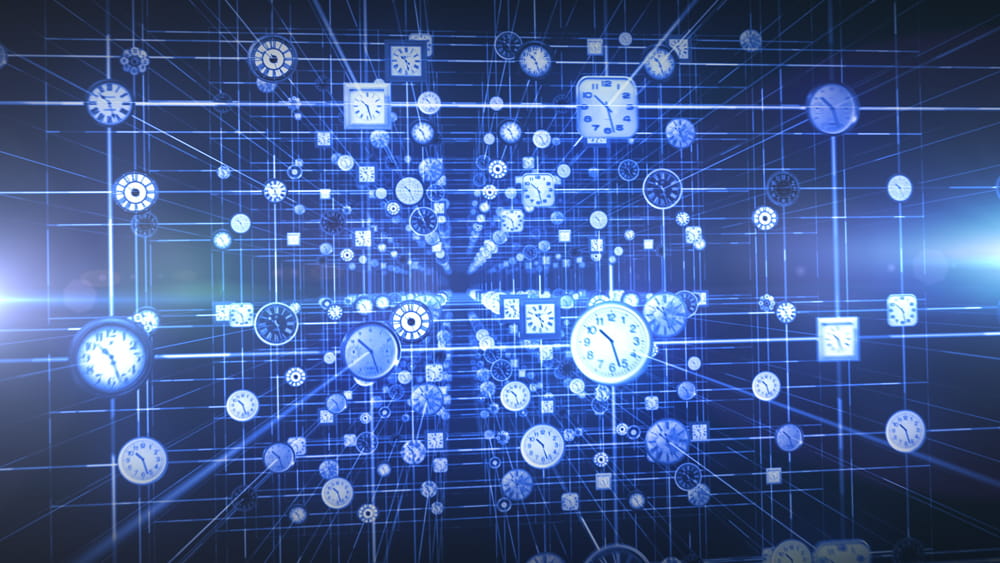 Various clocks connected by horizontal and vertical lines in space