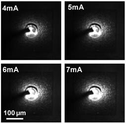 Electrically pumped emission from the 3D GaAs photonic crystal LED at various drive currents.  