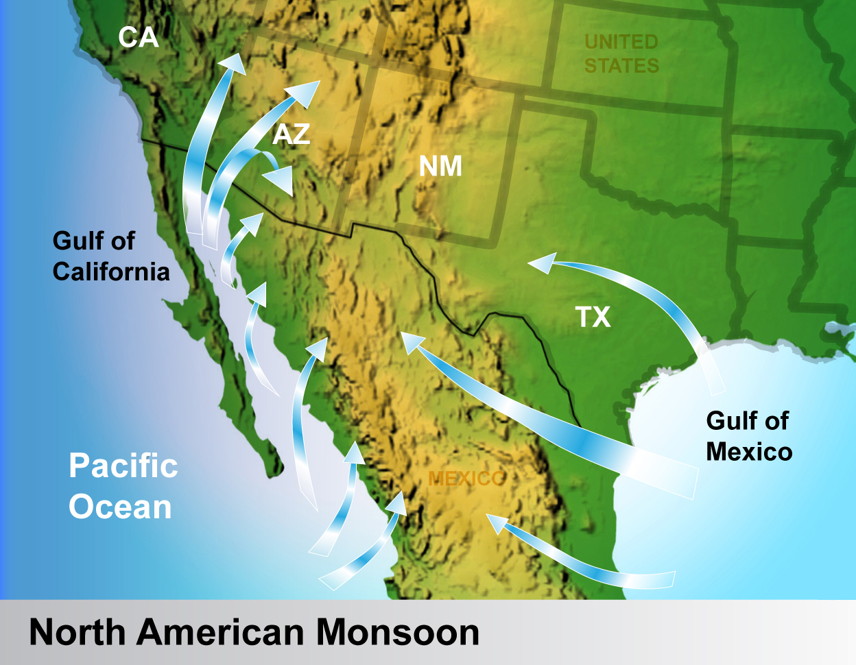 A map of the southwest United States, the Gulf of California, the Pacific, Mexico, and the Gulf of Mexico. Arrows extend from the Gulf of Mexico into Mexico and Texas; arrows extend from the Pacific Ocean into Mexico, and arrows extend from the Gulf of California into Arizona and California.