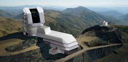 Two renderings combine to create this image of the LSST summit facility and Calypso, the small adjacent atmospheric telescope.
