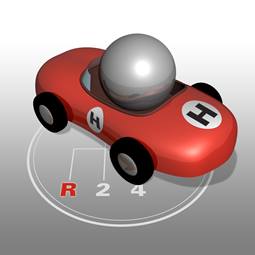 Illustration of a red car with an H on the hood and door, sitting on top of a circle, representing a gear shift, showing R, 2, and 4.