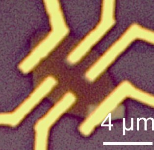 Microscopic image showing three-dimensional “gated” topological insulator device fabricated from (Bi0.50Sb0.50)2Te3 nanoplates.