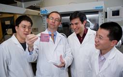 Bernard Kippelen and members of his research team with their completely plastic solar cell.