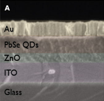 Scanning electron microscope image of actual device (color simulated)