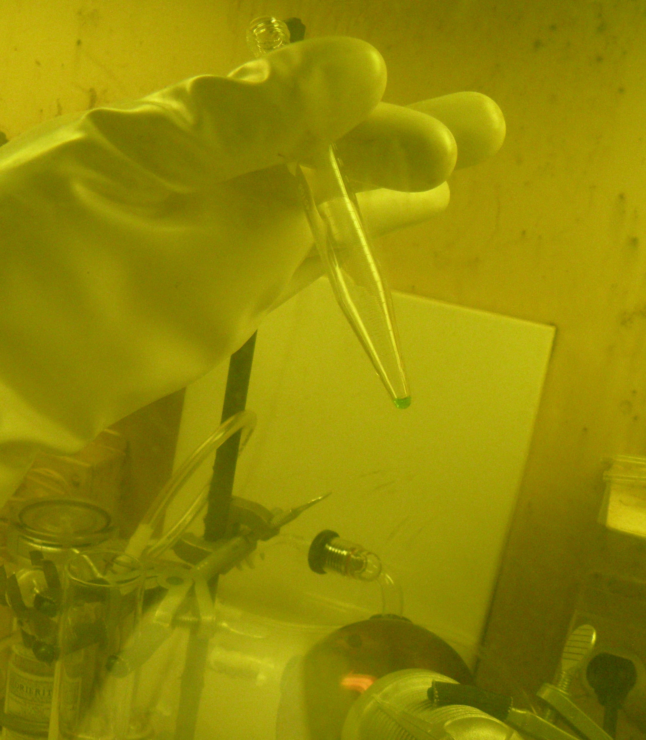 A gloved hand holding a vial with a trace amount of green liquid