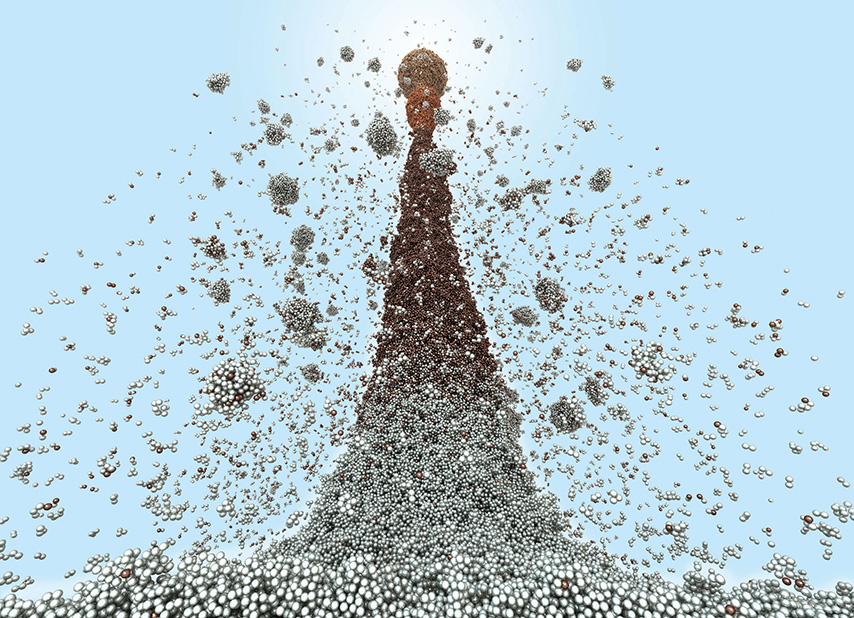 Gray pinnacle with blue background surrounded by multi sized particles