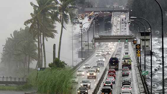 Four lane gridlock traffic on a dreary day