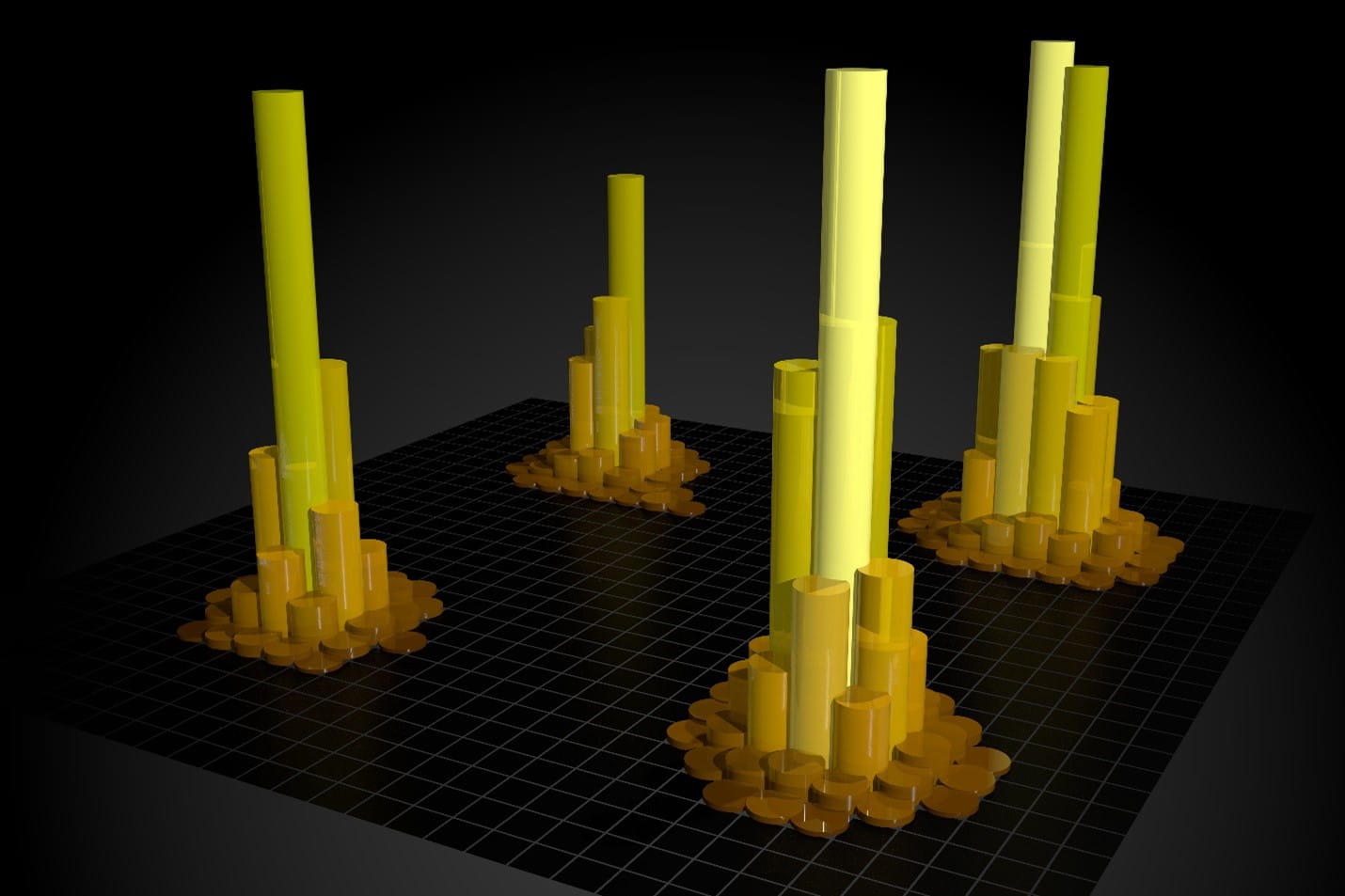 Visualization of Bragg diffraction peaks in an undeformed bi-crystal gold sample. The height denotes photon counts. This data was produced at the Advanced Photon Source and processed at the ThetaGPU supercomputer using AI models.