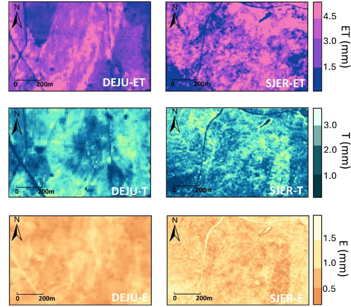 Spatial distribution of daily mean evapotranspiration (ET), transpiration (T), and evaporation (E) values from the new Residual Neural Network Penman–Monteith hybrid model.