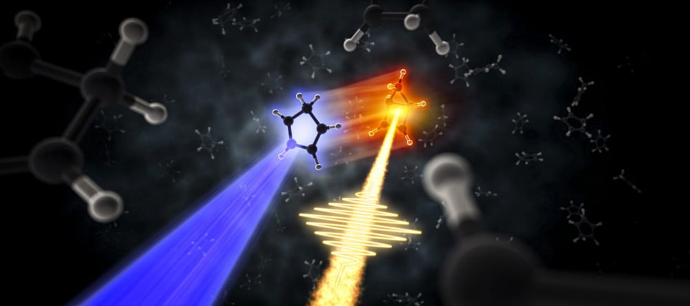 A gas-phase X-Ray scattering experiment captures cyclopentadiene rapidly transforming into the strained bicyclo[2.1.0]pentene. This structure change is triggered by a pump pulse (blue) and detected through X-ray scattering (yellow).