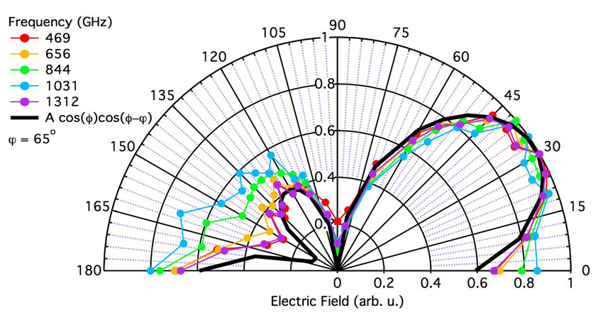 Electric field amplitude for terahertz light transmitted through bismuth selenide (Bi2Se3).