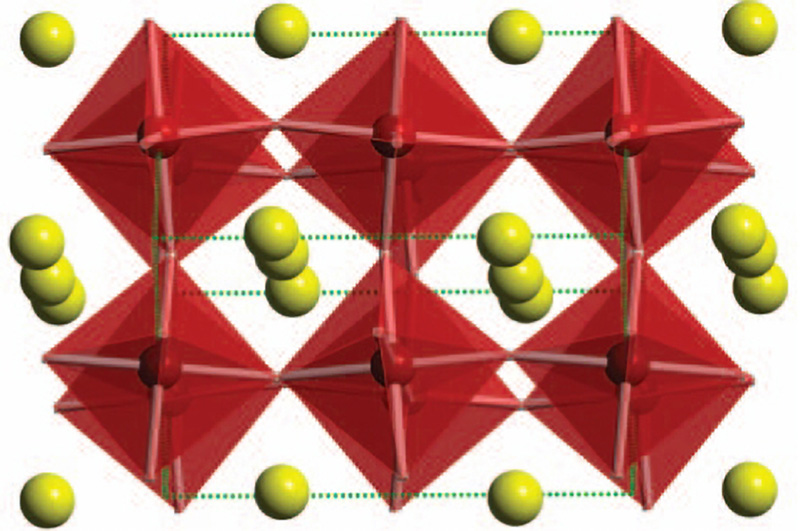 Distorted three-dimensional perovskite structure of cesium tin iodide (CsSnI3) at room temperature...