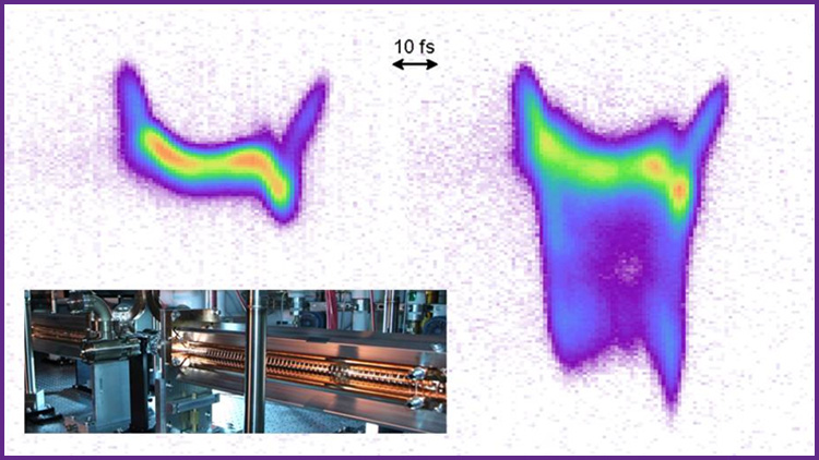 The figure shows measured electron bunch images with lasing suppressed (top left) and full lasing (right).