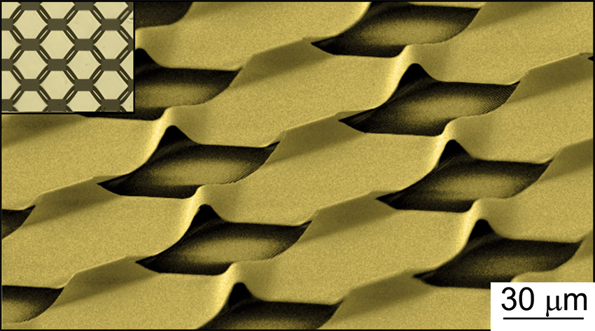 Scanning electron microscope image of 2D arrays of channels created in a silicon sheet taking advantage of novel interface interactions with the soft substrate.