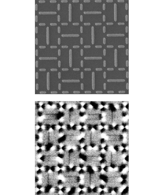 Scanning electron micrograph (top) shows the arrangement of iron-nickel nanomagnets for the newly developed “shakti” artificial spin ice lattice...